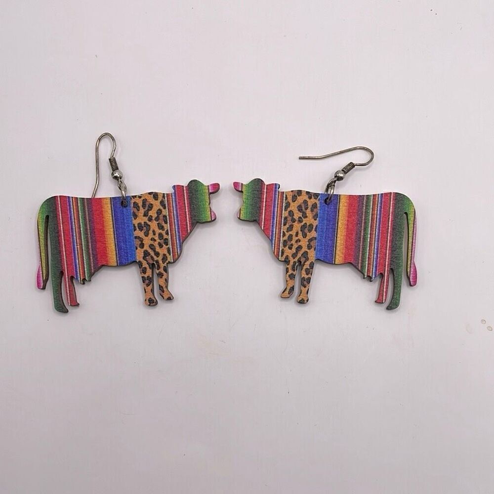 Rainbow Multicolor Animal Print Wooden Cow-Shaped Wire Dangle Earrings